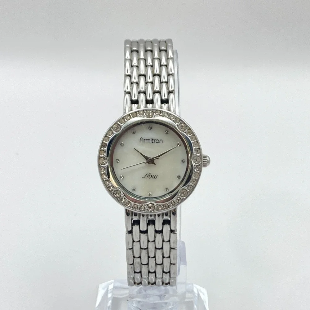 Armitron Now Women's Watch 28mm Silver Tone Crystals MOP Dial New Battery 6.75